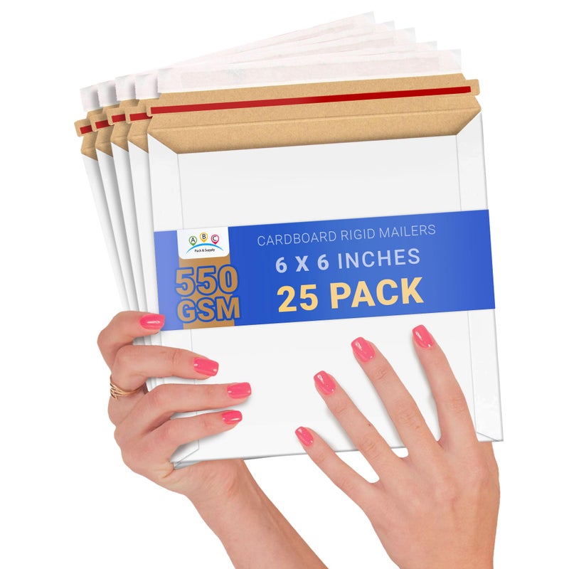 ABC PACK & SUPPLY White Rigid Mailers, 6 x 6 Inches. Pack of 25 Photo Mailer Envelopes. Flat Cardboard Mailers Self-Seal. Sturdy Cardboard Photo Envelope. Recyclable Hard Shipping Envelopes - Image 1